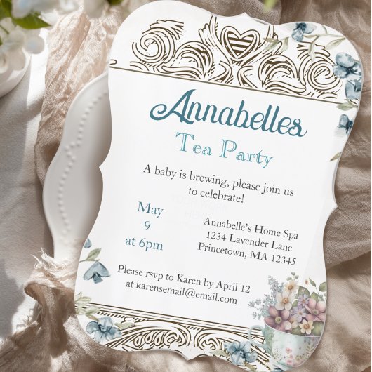 Invitation Belle Baby Shower Fête de Thé Florale Bleue