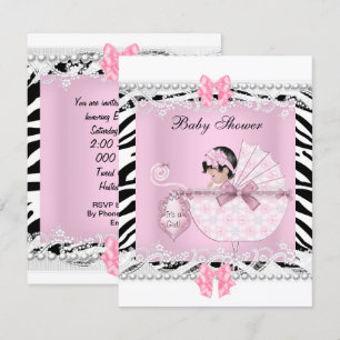 Invitation Belle Baby Shower Zèbre Bébé Fille Rose Dentelle