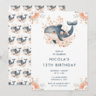 Invitation Belle Baleine florale fête d'anniversaire