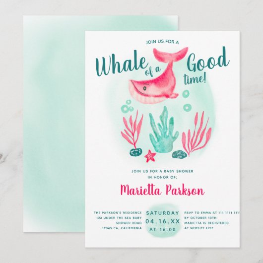 Invitation Belle baleine sous le baby shower d'aquarelle de m (Devant / Derrière)