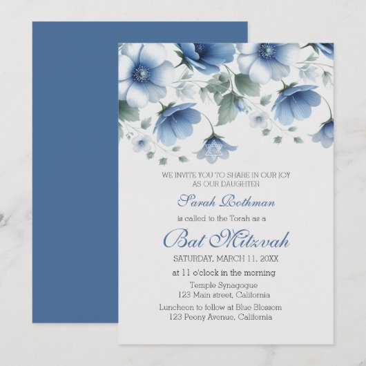 Invitation Belle Bar Mitzvah Fleurie Bleue Fille (Devant / Derrière)