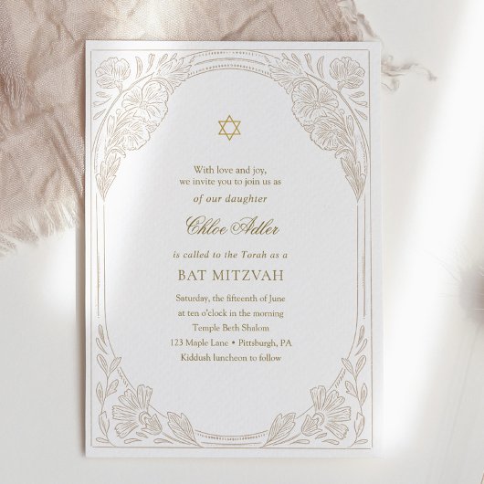 Invitation Belle Bat Mitzvah florale en or 