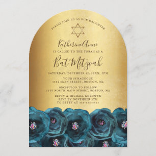Invitation Belle Bat Mitzvah Rose Florale Turquoise Or