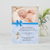 Invitation Belle Bébé Bleu Damas Garçon Baptême  (Debout devant)