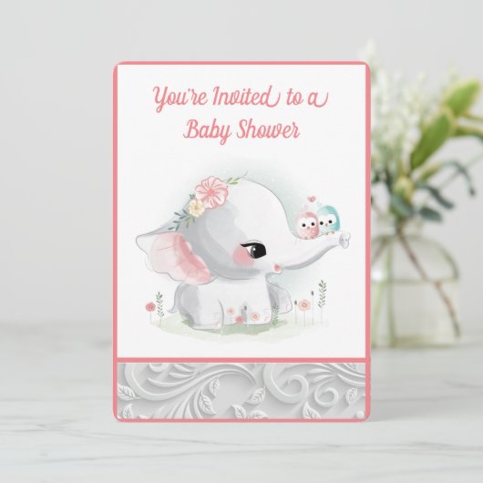 Invitation Belle Bébée Blanche Fille Eléphant (Debout devant)