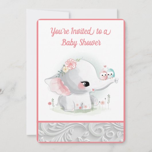 Invitation Belle Bébée Blanche Fille Eléphant (Devant)