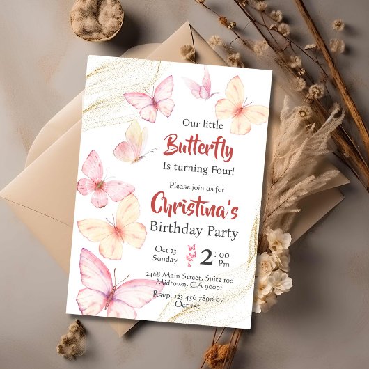 Invitation Belle Bélette à thème papillon moderne 4e annivers