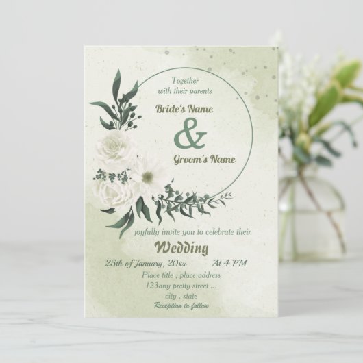 Invitation belle blanche fleurie verte mariage de couronne (Debout devant)