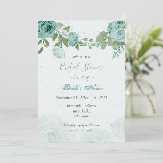 Invitation belle bleue fleurs vert feuille nuptiale douche (Debout devant)
