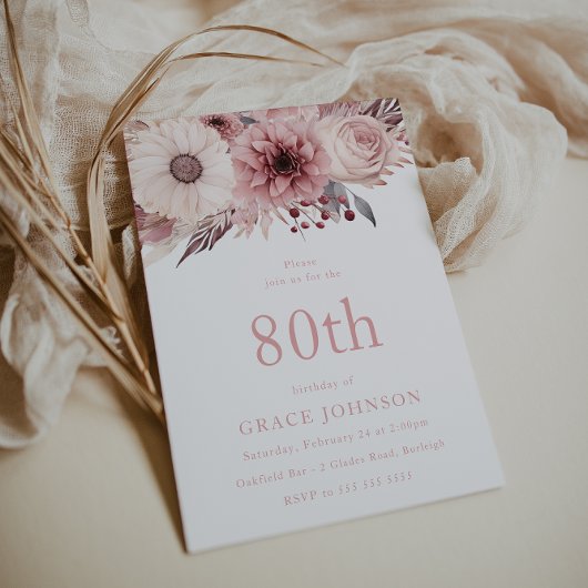 Invitation Belle Blush Boho Floral 80e fête d'anniversaire