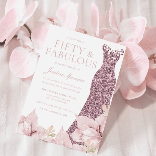 Invitation Belle Blush Floral & Robe 50e fête d'anniversaire