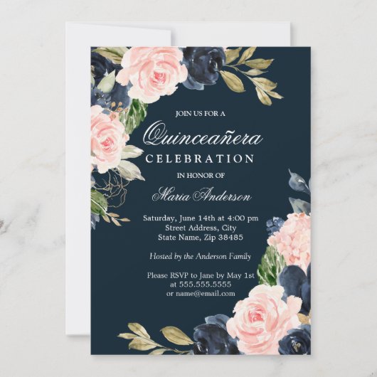 Invitation Belle Blush & Navy Elegant Quinceanera Party (Devant)