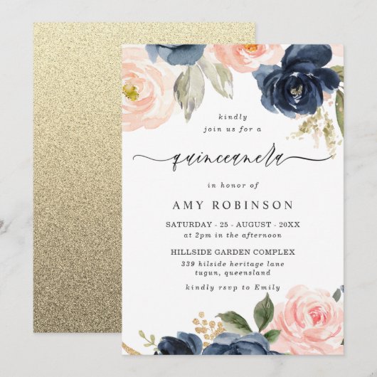 Invitation Belle Blush & Navy Fleurs Quinceanera Party (Devant / Derrière)