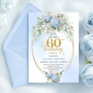 Invitation Belle Bohème Bleu Floral Doré 60 Anniversaire