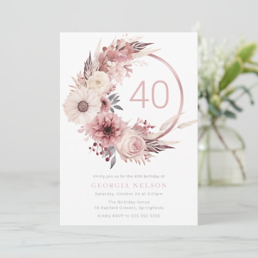 Invitation Belle Boho Blush 40e fête d'anniversaire (Debout devant)