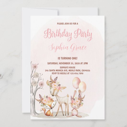 Invitation Belle Bois Animaux Fille Sauvage Un 1er anniversai (Devant)