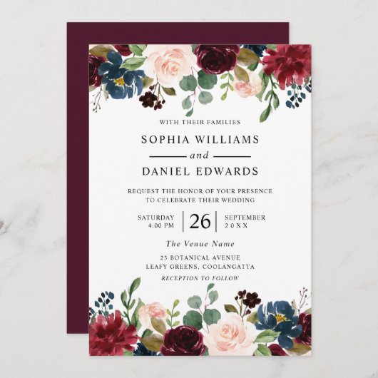 Invitation Belle Bourgogne Blush Floral Mariage (Devant / Derrière)