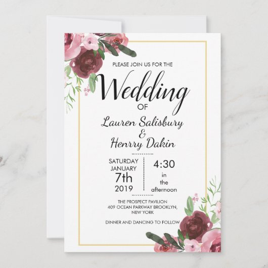 Invitation Belle Bourgogne Floral Mariage Personnaliser (Devant)