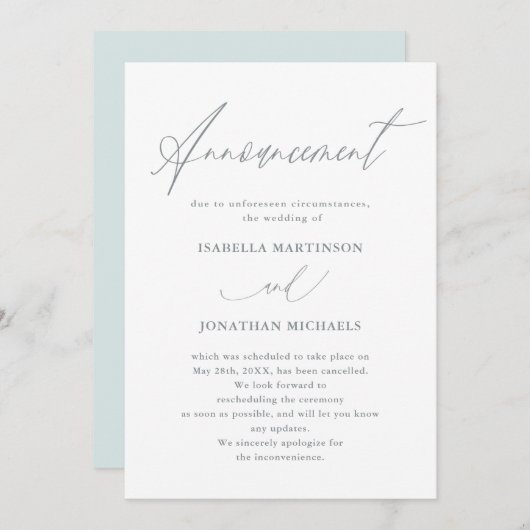 Invitation Belle Calligraphie Bleue Mariage Annulation (Devant / Derrière)