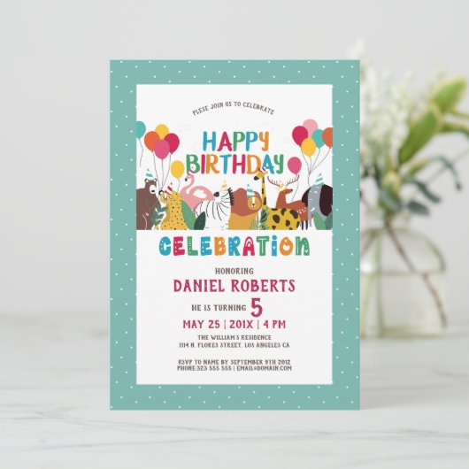Invitation Belle caricature animaux enfants Bonne fête d'anni (Debout devant)