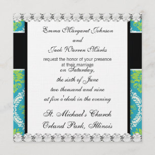 Invitation belle chaux bleu vert et crème orné damask