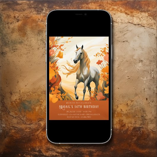 Invitation Belle Cheval et Fleurs d'Automne Anniversaire