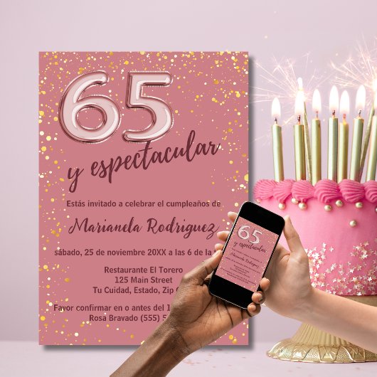 Invitation Belle Chic Rose Or 65e Anniversaire espagnol