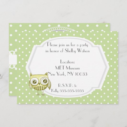 Invitation Belle Chouette avec Pastel Pois Custom Turquoise (Devant / Derrière)