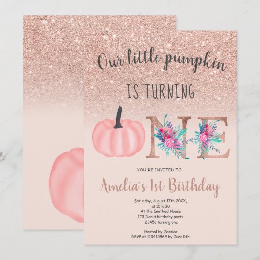 Invitation Belle chute rose or petit citrouille 1er anniversa (Devant / Derrière)