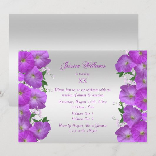 Invitation Belle classe Petunias Floral Anniversaire (Devant / Derrière)