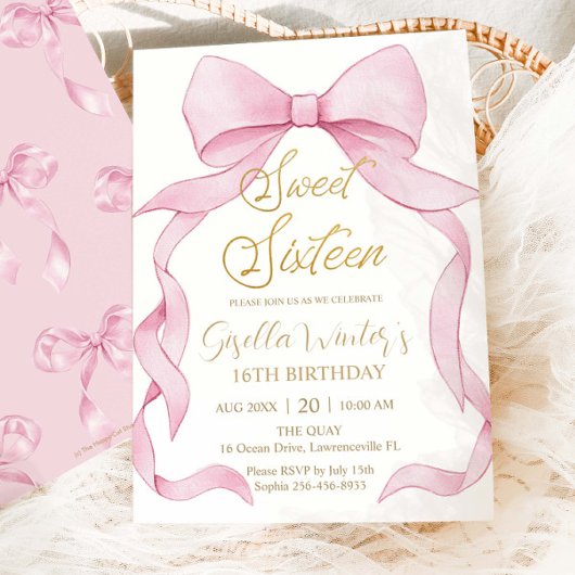 Invitation Belle Coquette Pink Ribbon Bows Sweet 16 Anniversa