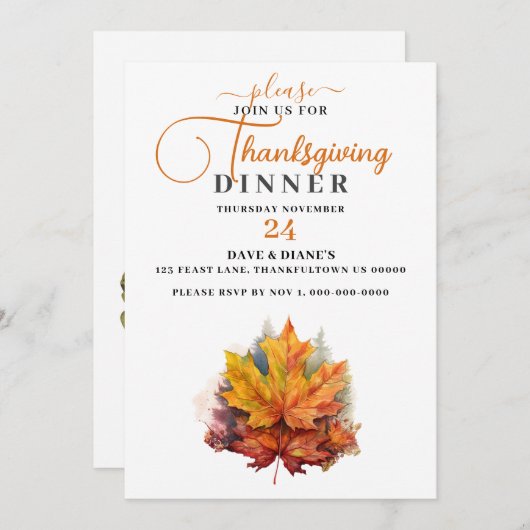 Invitation Belle couleur automne Maple Leaf Thanksgiving (Devant / Derrière)