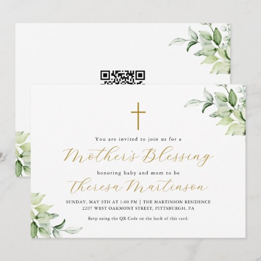 Invitation Belle Croix de verdure QR Rsvp La bénédiction de l (Devant / Derrière)