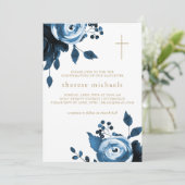 Invitation Belle Croix Florale Bleue Confirmation (Debout devant)