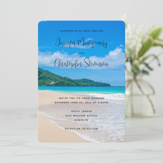 Invitation Belle Destination Tropicale Sandy Beach Mariage (Debout devant)