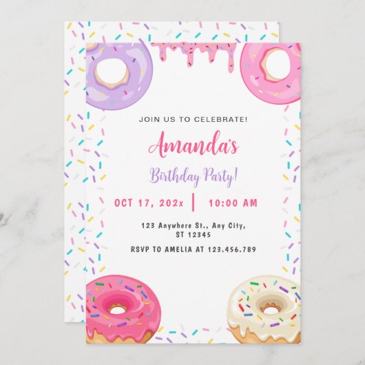 Invitation Belle Donut Douce Anniversaire (Devant / Derrière)