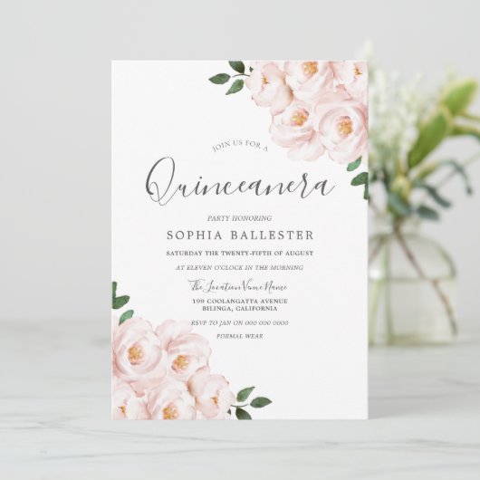 Invitation Belle Douce Fleurs Roses Douces Quinceanera (Debout devant)
