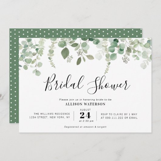Invitation belle douche nuptiale à l'eucalyptus verte (Devant / Derrière)