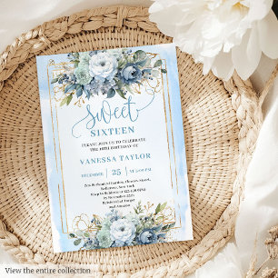 Invitation Belle Dusty Bleu Blanc Or Fleurs Douce 16