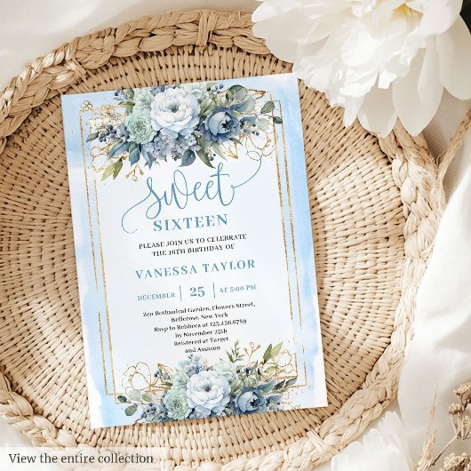 Invitation Belle Dusty Bleu Blanc Or Fleurs Douce 16