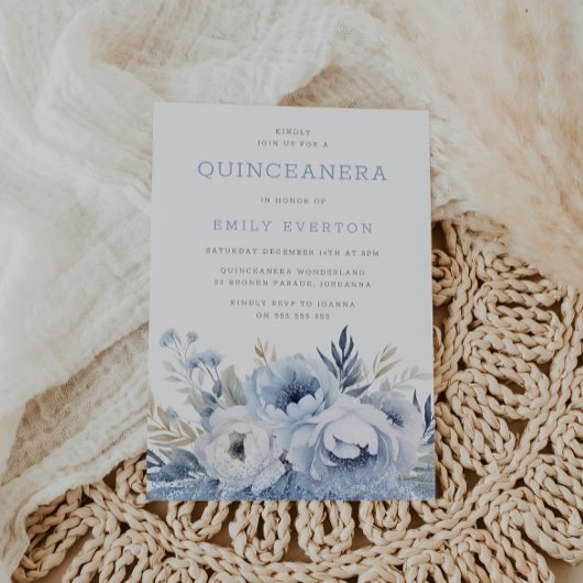 Invitation Belle Dusty Blue Floral Quinceanera Party
