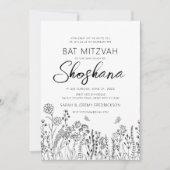 Invitation Belle écriture de Bat Mitzvah Esquisse florale élé (Devant)