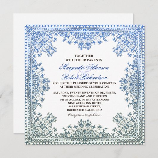 Invitation belle élégance cadre bleu mariage invite (Devant / Derrière)