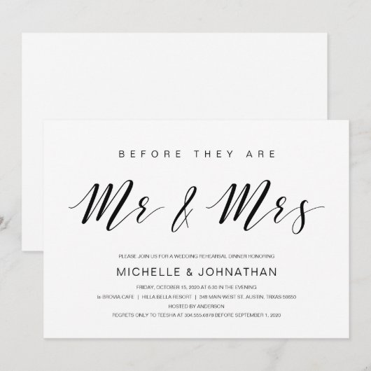 Invitation Belle Élégance, Script noir, Dîner de répétition (Devant / Derrière)