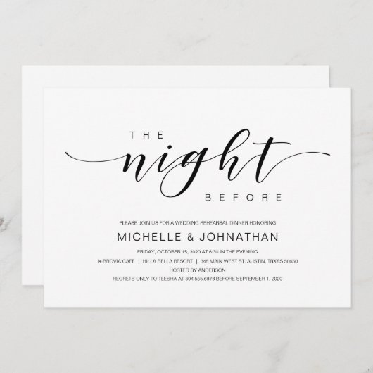 Invitation Belle Élégance, Script noir, Dîner de répétition (Devant / Derrière)