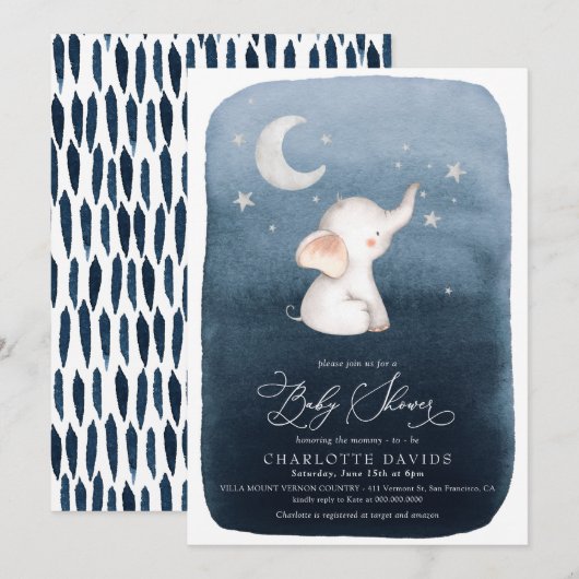 Invitation Belle Etoiles d'éléphant et Baby shower de garçon  (Devant / Derrière)