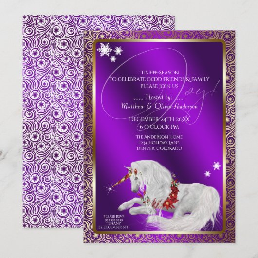 Invitation Belle Fantaisie Licorne de Noël Joie Violet (Devant / Derrière)