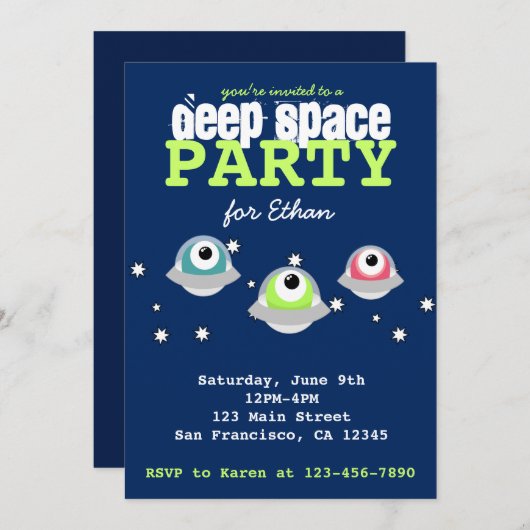 Invitation Belle fête d'anniversaire alien dans l'espace extr (Devant / Derrière)