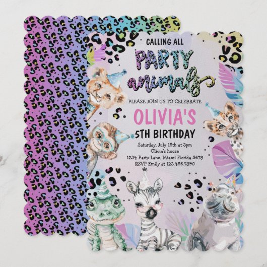 Invitation Belle fête d'anniversaire Animaux (Devant / Derrière)