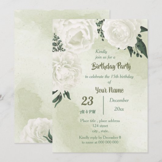 Invitation belle fête d'anniversaire fleurie blanche (Devant / Derrière)